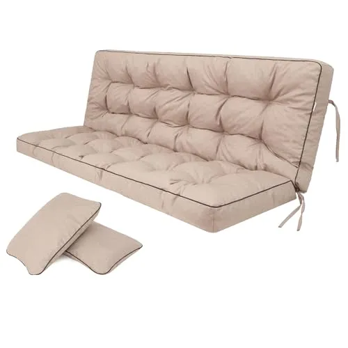 Bankauflage für Gartenbank, Polsterauflage für Hollywoodschaukel, Gartenschaukelkissen, Sitzkissen und Rückenkissen, gesteppt, inkl. 2 Seitenkissen, 140 x 49 x 56 cm - beige