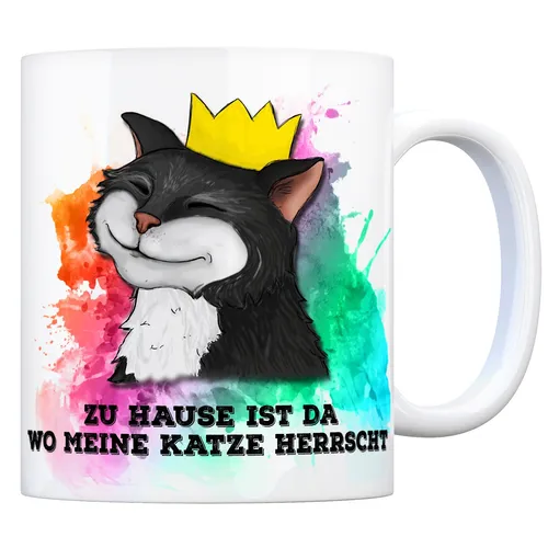 Kaffeebecher mit Katze Motiv und Spruch: Zu Hause ist da wo meine Katze ...
