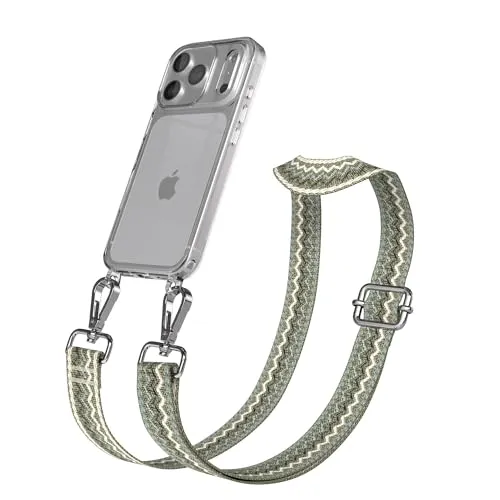 EAZY CASE Handykette - Verstellbares Taschenband kompatibel mit iPhone 17 Pro, Schulterriemen, Handykordel mit Silikon Hülle, Umhängetasche, Grün Beige Silber