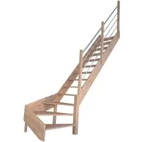 StarWood Treppe Rhodos Eiche 1/4 gewendelt rechts mit Edelstahl-Geländer - Die StarWood Treppe Rhodos vereint traditionelles Handwerk und modernes Design. Hergestellt aus zertifiziertem Eichenholz, ist sie stabil und bietet eine elegante Optik mit einem hochwertigen Edelstahl-Geländer. Ideal für jeden Innenraum!