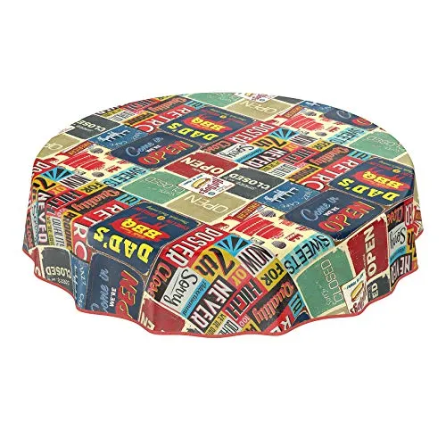 Wachstuchtischdecke abwaschbar Garten Tischdecke Wachstuch Rund Oval Eckig Indoor Outdoor Retro Cafe USA Amerika Style Rund 140cm mit Saum - Eingefasst