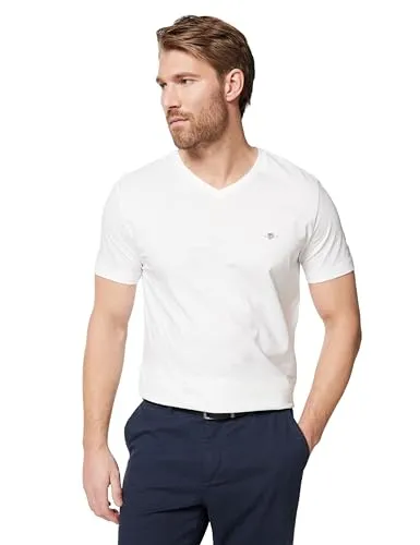 Gant Herren Slim Shield V-Neck T-Shirt, Weiß, 3XL EU - T-Shirts für Herren, V-Ausschnitt mit weichem Rippstrick für hohen Tragekomfort und stylische Wappen-Grafik auf der Brust.