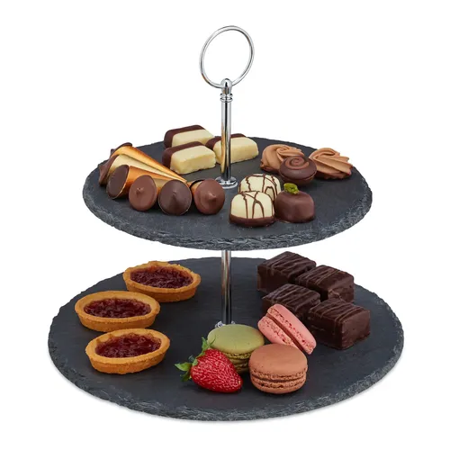 Etagere Schieferständer Servierplatte Anthrazit für Obst und Pralinen - Tortenständer & Etageren aus 80% Schiefer und 20% Eisen, ideal für stilvolle Präsentation von Obst und Pralinen, Höhe 23 cm für elegante Tischdekoration.
