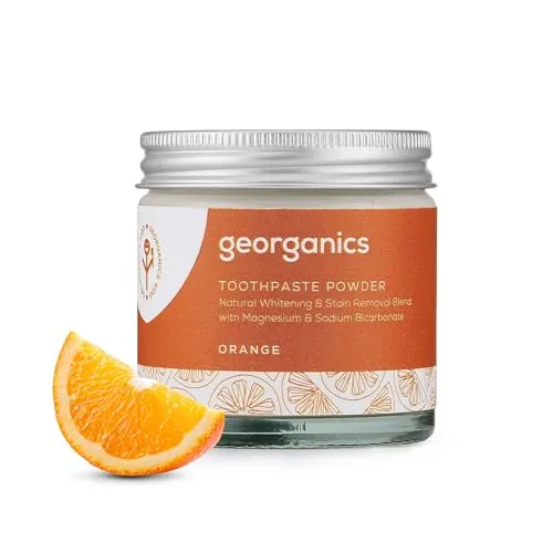 Georganics - Bio-Zahnpulver für Weiße Zähne - Hellt auf Natürliche Weise die Zähne auf & Entfernt Flecken mit Magnesium & Natron - Vegan, ohne SLS, Tierversuche und Fluorid - Orange - 60ml