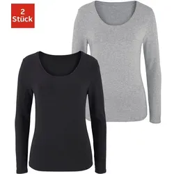 Langarmshirt VIVANCE aus elastischer Baumwoll-Qualität - Damen Langarmshirt in grau-meliert und schwarz, aus 95% Baumwolle und 5% Elasthan. Bequemes Basic mit tiefem Rundhalsausschnitt, unterstützt die Initiative Cotton made in Africa.
