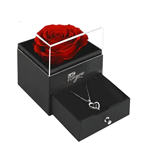 LAC FOR YOU Ewige Rose mit Kette - Infinity Rose Rote im Glas, Liebes Geschenk für Sie Jahrestag | Ewige Rosen Hochzeitstag Geschenke für Frauen