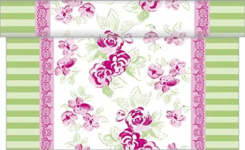 Sovie HOME Tischläufer Country LINE, Verspieltes Rosendesign mit grünen Streifen, Linclass® Airlaid, 40cm x 4,80m, 1 Stück, alle 30cm perforiert, robust, elegant, stoffähnlich, Landhausstil
