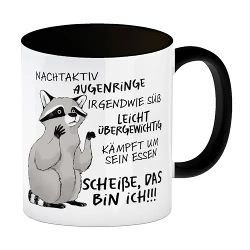 Ironischer Waschbär Kaffeebecher in schwarz mit Spruch Scheiße das bin ich eine bunte Tasse für die Arbeit lustiger Motiv Männer Räuber Kaffeetasse witzige Spruch Faulpelz