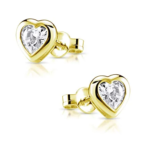 Materia Gold Ohrringe Mädchen Herz Stecker - 925 Sterling-Silber Ohrstecker Kinder vergoldet mit Zirkonia SO-11-Gold