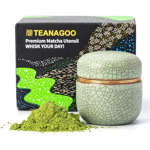 TEANAGOO Kleiner keramischer Matcha-Behälter | 2,8 oz tragbarer Aufbewahrungsbehälter, doppelt versiegelt mit Aluminium-Deckel, Frischegarantie für 18g Matcha, X6 Lt.grün mit schwarzer Naht