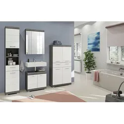 Scout 5 Badkombination 4-teilig - Spiegelschrank in Rauchsilber / Weiß Hochglanz - Badezimmer-Set mit modernem Design und hochwertiger Verarbeitung. Bietet viel Stauraum und pflegeleichte Oberflächen für ein stilvolles Bad.