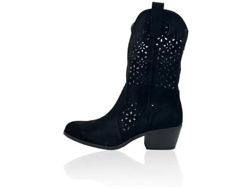 Nowaland Damen Cowboy Stiefel mit Cut-outs und Blockabsatz - Moderne Cowboy-Stiefel im trendigen Look, ideal für Frühjahr und Sommer. Bequemer seitlicher Reißverschluss und stabiler Blockabsatz sorgen für Komfort und Stil – perfekt zu Kleidern und Jeans.