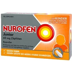 NUROFEN Junior 60 mg Zäpfchen für Kinder - Arzneimittel zur Linderung von Schmerzen und Fieber bei Kindern, ideal für Kinder, die Schwierigkeiten mit oraler Einnahme haben.