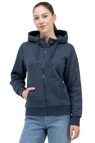 Sublevel Damen Kapuzenpullover IDA-D10600T02691A3NO-navy Melange-S - Bequemer Zipper Hoody aus weichem Baumwollmix, perfekt für Freizeit und Sport. Stylischer Print und praktische Kapuze bieten modernen Komfort. Seitliche Taschen für Stauraum und warme Hände. Ideal kombinierbar mit Jeans oder Leggings.