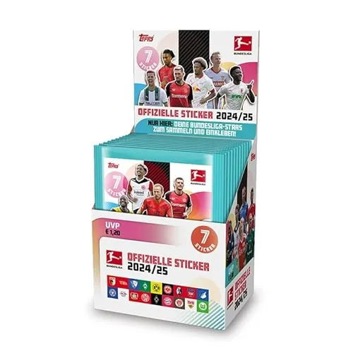 Topps Bundesliga Stickers 24/25 - Displaybox - Sammelsticker für die Bundesliga mit 50 Päckchen (350 Sticker) und neuen Kategorien wie Matchwinner und Top 3 Tore der Saison. Perfekt für Fans und Sammler!