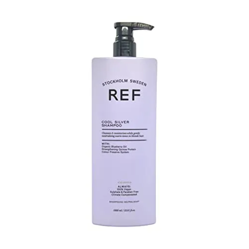 REF Cool Silver Shampoo 1000 ml - Sulfatfreies Shampoo zur Neutralisierung unerwünschter Gelbtöne, ideal für platinblondes und graues Haar. Verleiht Glanz und Geschmeidigkeit, schützt vor Farbverblassen.