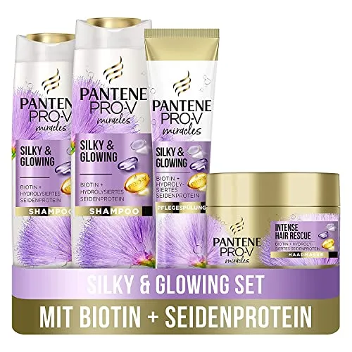 Pantene Pro-V Miracles Silky & Glowing Haarpflege Set: 2x Shampoo 250 ml + 1x Pflegespülung 160 ml + 1x Haarmaske 160 ml, Mit Biotin Und Hydrolysiertem Seidenprotein, Für Strohiges, Blondiertes Haar