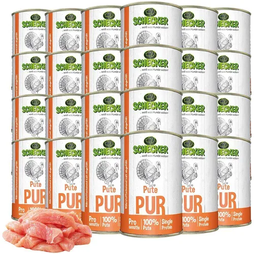 Schecker Nassfutter - Pute PUR für Hunde - Getreidefreies Nassfutter für empfindliche Hunde. Hochwertige Putenstücke sorgen für eine ausgewogene Ernährung ohne Füllstoffe. Ideal für BARF und als Ausschlussdiät.