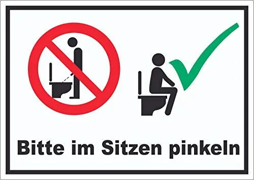 Bitte im Sitzen pinkeln Aufkleber A8 (52x74mm) - Universal-Aufkleber, konturgeschnitten und langlebig, ideal für glatte Oberflächen und bis zu 7 Jahre haltbar im Außenbereich.