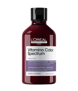Vitamino Color Spectrum Purple Dye Neutralizing Shampoo 300 ml - Shampoo mit Anti-Gelbstich-Effekt für blondes Haar. Violette Pigmente neutralisieren Gelbstich und erhalten die Farbbrillanz. Ideal für die sanfte Pflege und Reinigung von blondem Haar – vegan und sulfatfrei.