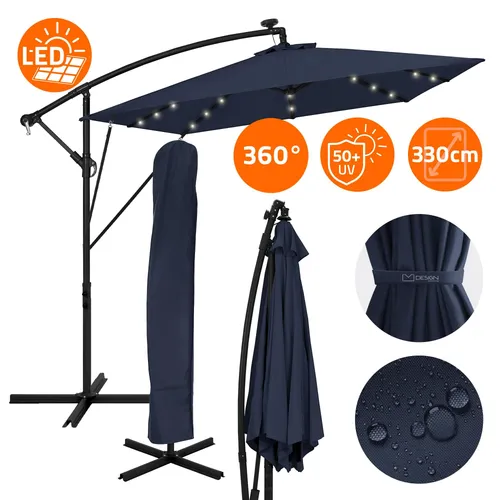Ml-design Ampelschirm Ø330 cm mit LED Solar – Navy Blau, Alu Sonnenschirm mit Kurbel