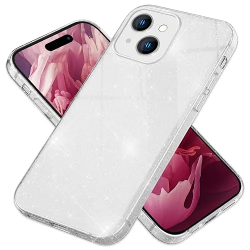 NALIA Glitzerhülle für iPhone 15 - Funkelnder Glitzer-Look & Grip - SHINEPOP (Silikon Case) - Marke aus Berlin, Farbe:Silber
