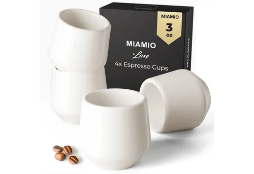 MiaMio Luxe henkelloses Espresso Tassen Set – 4er Set in Weiß - Hochwertiges 4er Set henkelloser Keramik-Espressotassen, ideal für Espresso und Ristretto. Mit 90 ml Volumen, modernem Design und dicken Wänden, spülmaschinen- und mikrowellengeeignet – perfekt für stilvolle Kaffeerunden.