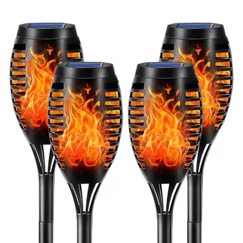 LQWELL® Solarleuchten Solar Fackellicht für Außen Garten 4 Stück 12 LED Solarlampe mit Realistischer Flammeneffekt IP65 Wasserdicht Gartenfackeln Solar Weg Hinterhöfe Rasen Beleuchtung