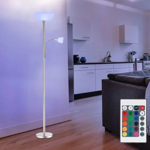 Stehleuchte Deckenfluter mit RGB LED und Fernbedienung - Moderne Stehleuchte für Wohnzimmer und Schlafzimmer, H 178 cm, dimmbar mit Fernbedienung, bietet warmweißes Licht und RGB-Farbwechsel für stimmungsvolle Beleuchtung.