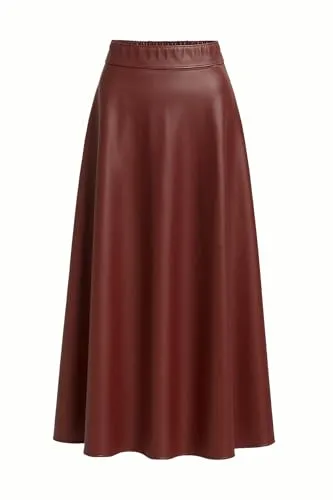 Mississhop 404 Damen A-Linien Langer Rock mit Gürtel – Kunstleder Braun