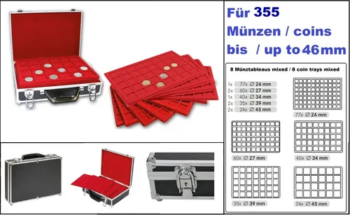 LINDNER-2338-MÜNZKOFFER-ALU-SCHWARZ-+-8-ROTE-TABLEAUS-MIXED-für-355-Münzen