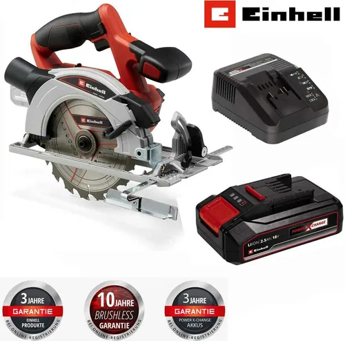 Einhell Akku-Handkreissäge TE-CS 18/150 Li - 18V mit Akku & Ladegerät - Handkreissägen für kabelloses Arbeiten, mit werkzeuglos einstellbarer Schnitttiefe und Neigungswinkel, ideal für Heimwerkerprojekte im Haus und Garten.
