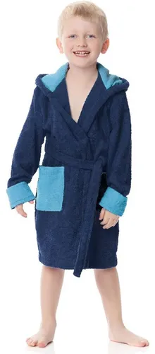 Ladeheid Kinder Bademantel Frottee blau - Kinder-Bademantel aus 100% Baumwolle, lang und mit Kapuze, ideal für nach dem Baden oder Schwimmen, Maschinenwäsche bei 40 Grad.
