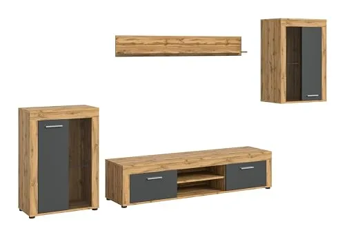 Wohnwand Bardenas - Holzfarben, 310x169 cm - Elegante Wohnwand Bardenas in Holzfarben, bietet praktischen Stauraum und modernes Design. Ideal für jedes Wohnzimmer. Maße: 310 cm x 169 cm.