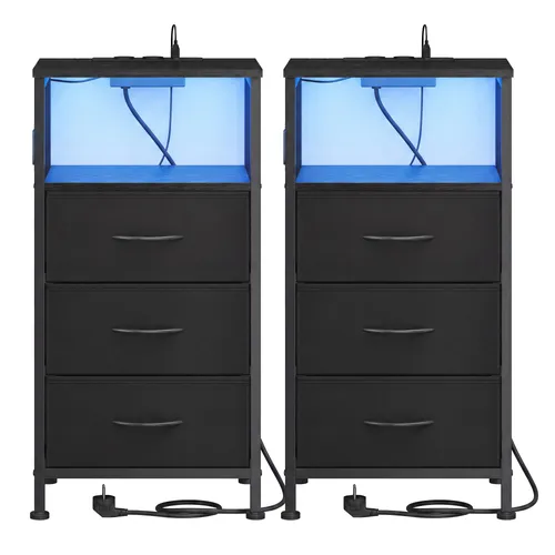 SONGMICS Nachttisch mit LED-Beleuchtung und Ladestation, 2er Set