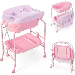 COSTWAY 4-in-1 Wickeltisch mit Badewanne und Universalrädern, Rosa