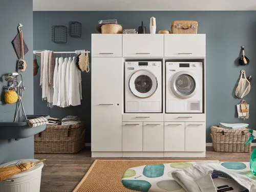 LAUNDREEZY Waschmaschinenschrank 2x mit 3x Schrankaufsatz - Podeste & Rahmen für Waschmaschinen, TÜV-zertifiziert mit Softclose-Türen und praktischem Auszug für optimalen Stauraum. Ideal für die Anpassung an verschiedene Einrichtungsstile.