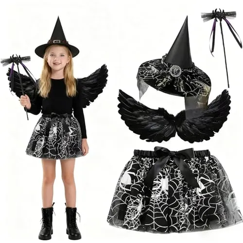 WZBBJuser Halloween Kostüm Kinder, Hexenkostüm Kinder, Enthalten Federflügel, Hexenhut, Zauberstäbe, Tüllrock, Halloween Kostüm kinder Hexe Mädchen für Karneval Halloween Cosplay