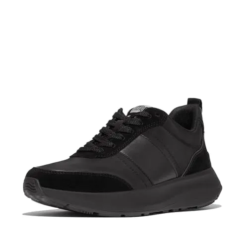 Fitflop F-Mode Flow Damen-Sneaker – Stilvolle Flache Schuhe in Schwarz, Größe 38 EU - Elegante Damen-Sneaker aus Stoff, Wildleder und Leder mit innovativer Zwischensohle für besonderen Komfort und natürliche Unterstützung beim Gehen.