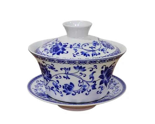 KOPYFANTAP Gaiwan Porzellan 300ML, Chinesische Teetasse mit Deckel und Untertasse, Kung Fu Teebecher Keramik, Blau und Weiß