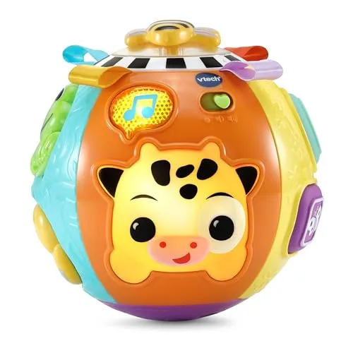 VTech - Lumi Tierball, sensorischer Ball, interaktiv und musikalisch, Kuh Spielzeug mit Lichteffekten, Motorik- und Erwachungsspiel, Geschenk für Babys ab 6 Monaten – Inhalt auf Französisch