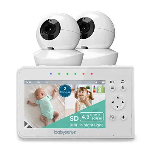 Babysense Babymonitor mit Geteilter Bildschirm 4,3“, Video Babyphone mit Zwei Kameras, PTZ-Funktion, Reichweite 300m (freien Raum), Nachtlicht, Zwei-Wege-Kommunikation, Nachtsicht, Schlaflieder