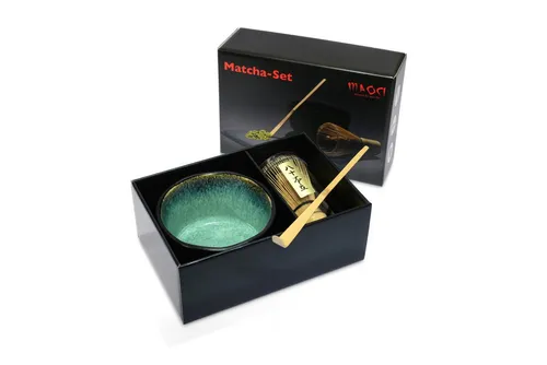 MAOCI Teeschale Matchaset schwarz innen türkis – 1-tlg. & 3-tlg. Set - Elegante Matchaschale mit einzigartiger reaktiver Glasur für die stilvolle Zubereitung von Matcha. Das Set enthält Schale, Besen und Löffel – ideal für Teeliebhaber und als Geschenk.