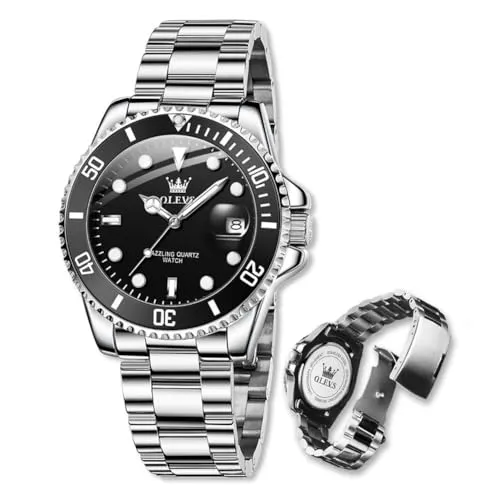 Raitown Herrenuhr Edelstahl, 41mm Zifferblatt mit Leuchtindizes und Datumsanzeige, 30M Wasserdicht, Analog Quarzwerk, Klassische Männer Armbanduhren Schwarz