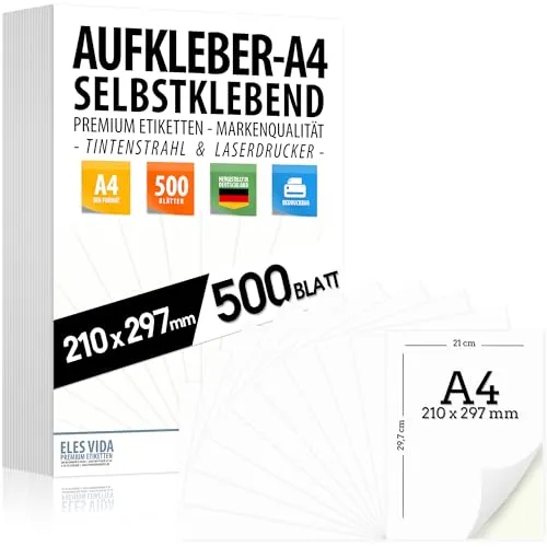 Selbstklebende DIN A4 Etiketten 210x297 mm, 500 Stück Paket von ELES VIDA
