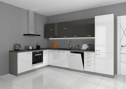 Küche Bianca Ecke V 210x330 Hochglanz Weiss + Grau