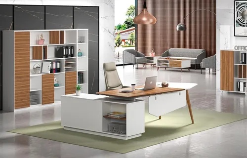 Stilvolle Weiß-Braune Bürogarnitur mit Ecktisch und Schrank - Elegante Büromöbelgarnitur mit einem großzügigen Ecktisch (240 x 90 cm) und einem edlen Schrank (200 x 40 x 180 cm). Ideal für ein modernes Büro, bietet Platz und Stil. Montage erforderlich.