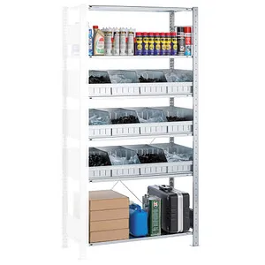 Anbauregal MULTIplus150 - 2000 x 1000 x 500 mm - Werkstatteinrichtung mit 6 verstellbaren Fachböden und Schüttgutmulden für effiziente Lagerung und schnelle Entnahme von Kleinteilen.