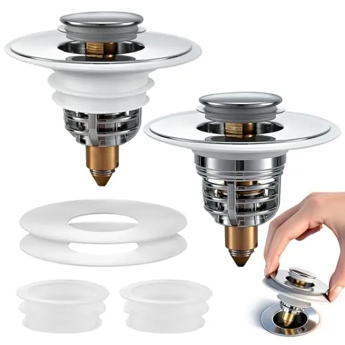 MOPUBZO 2 Stück Universal Pop-Up Ablaufstopfen 32–62mm, Edelstahl Waschbeckenstöpsel mit Dichtungsringen und großem Silikonring zur Randauffrischung, für Bad, Küche und Bidet, Anti-Verstopfung