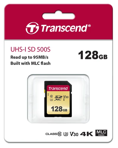 Transcend Premium 500S SDXC-Karte 128GB - Speicherkarten für DSLR und Camcorder, ideal für 4K-Videoaufnahmen mit V30-Standard und hohen Übertragungsraten von bis zu 95MB/s.